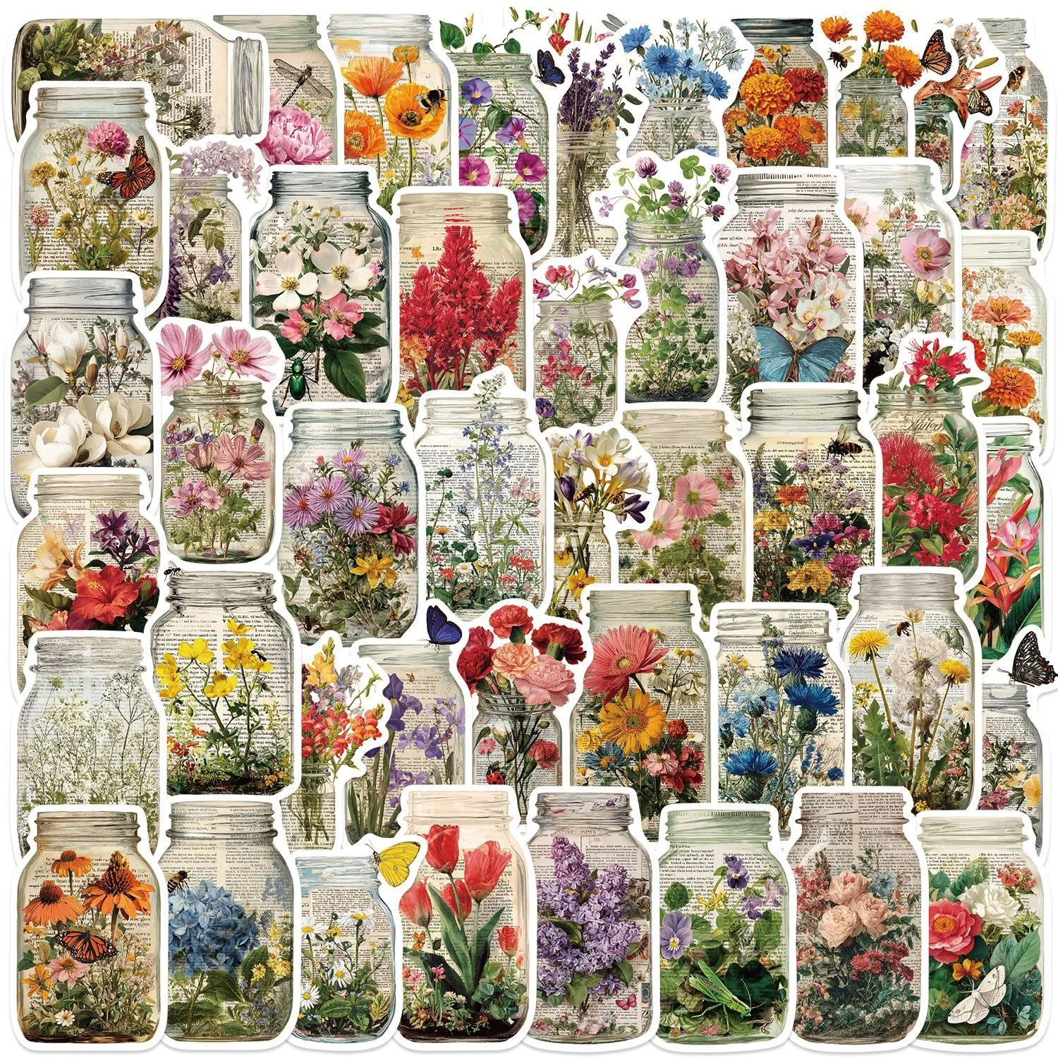 Kids Toys Vintage - 50pcs Vintage Bottle Flower Stickers Aesthetic